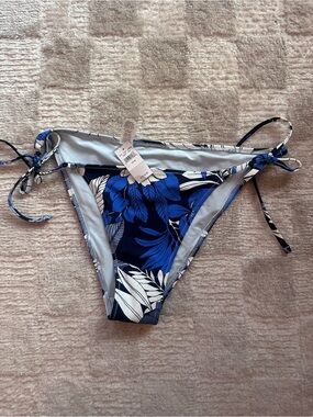 aerie Blue Navy White Tropical Tie-Side Bikini Bottom